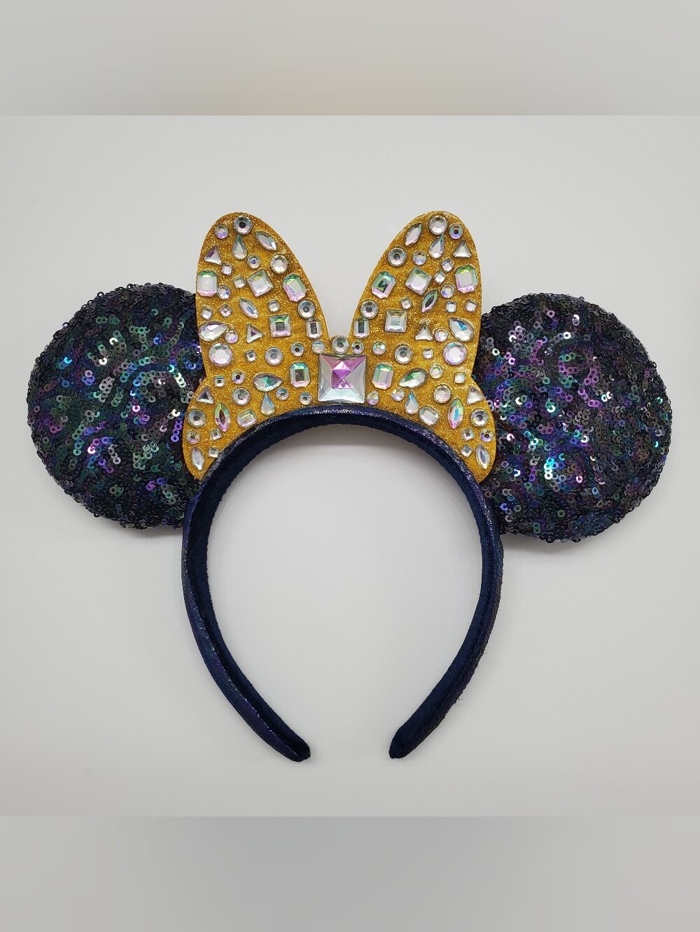 Disney's 50th Anniversary Navy Iridescent Sequin Ears Headband Gold Jeweled Bow